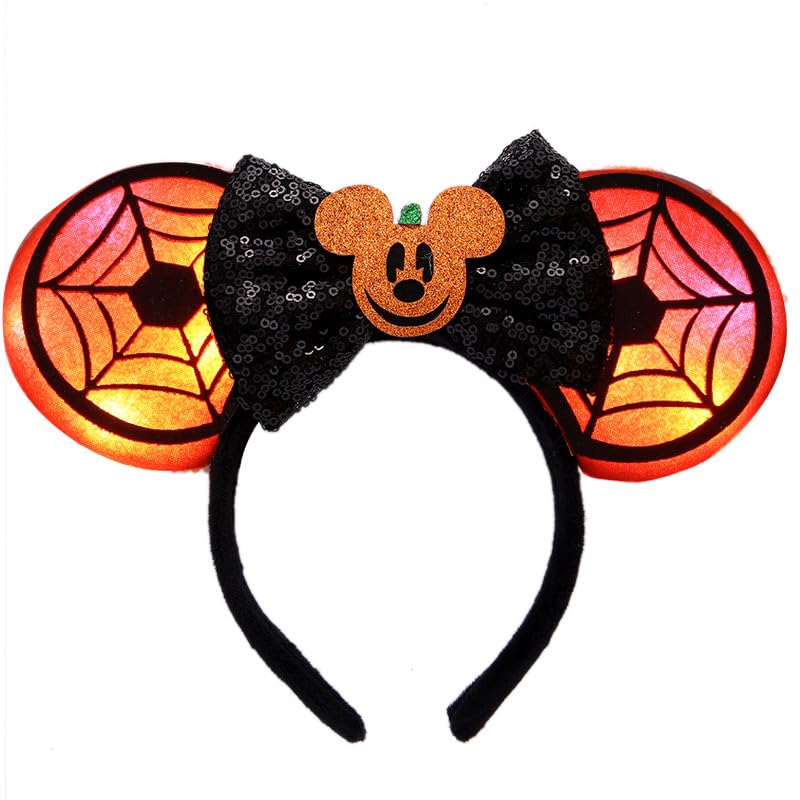 JORCEDIHalloween Sequined Bow Skull Glowing Headband Flash Spider Hair Accessories For Festival Holiday Christmas New Year Party (Orange)