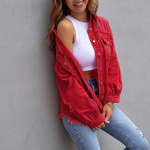 Womens Oversized Denim Jacket 2025 Fall Casual Ripped Frayed Shacket Jean Coat Western Shacket with Pockets2