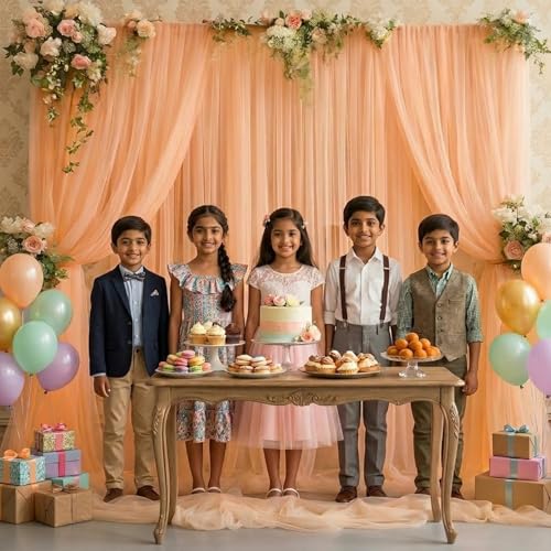 Image of Party Propz Peach Net Curtain for Decorations - 3 Pcs Background Decoration Cloth, Birthday Backdrop for Decoration, Anniversary, Festival, Party, Wedding Backdrop Decorations for Home