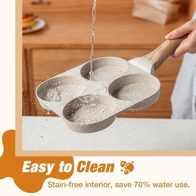 Image of 4 Hole Non Stick Egg Frying pan with Detachable Wooden Handle,Multi Purpose Frying pan for Omelet uttapam idli Burger Poached Egg Kitchen Breakfast