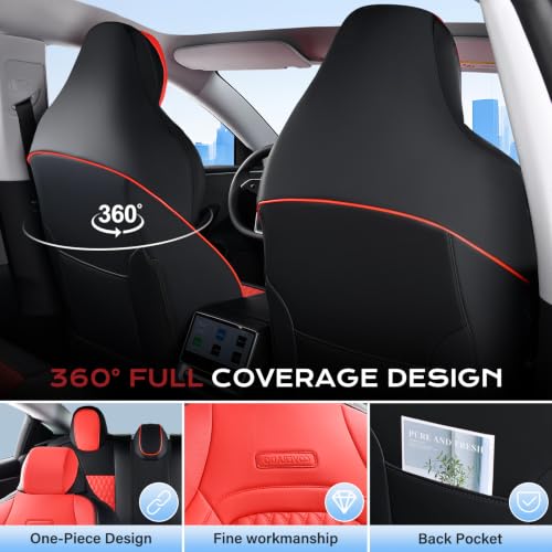 Image of Coverado Front Seat Covers for 2024-2025 Tesla Model 3, Waterproof Car Seat Covers, Front 2PCS, Leatherette Car Seat Cover Seat Protector Custom for Tesla Model 3, Black & Red