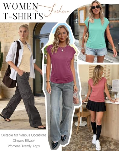 Image of Bliwov Womens Summer Tops Cap Sleeve Crew Neck Casual T Shirts