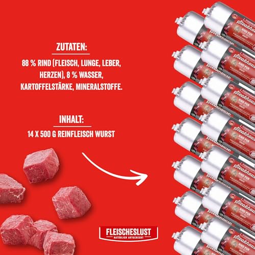 Steakhouse Rind pur (14x500g), Nassfutter für Hunde & Katzen, sensitives Ergänzungsfutter, Monoprotein, getreidefrei, 14x Wurst von Fleischeslust