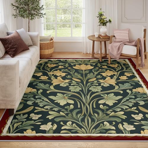 Tapis de salon vert 90x150 cm lavable et antidérapant à motif plantes