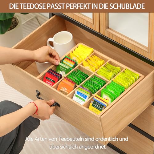 KIRIGEN Holz Teebox Organizer mit 12 Fächern - Teebeutel Aufbewahrungsbox für Küche, Büro & Zuhause - Vielseitige Teebeutelhalter aus Massivholz für Teebeutel, Kaffee & Gewürze natürliche Farbe