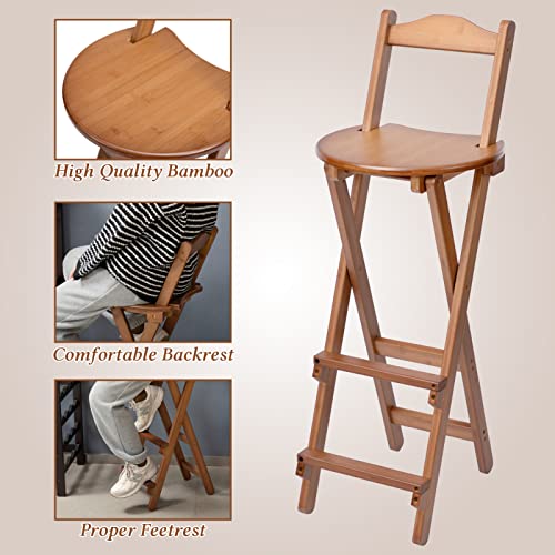 Hollyhome Folding Bamboo Bar Stool With Backrest And Footrest, Indoor&Outdoor Counter Height Back Support Stool With Pedals, Collapsible Dining High Chair For Home, Kitchen, Pub, Party, Patio, Walnut #TOP5