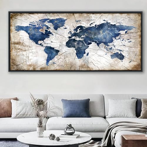 Image of World Map Canvas Wall Art Navy World Maps for Wall Vintage Modern Wall Art for Office Framed Pictures for Living Room Bedroom Wall Decoration for Home Office Decor Artwork for Walls