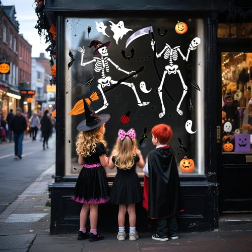 Large Halloween Window Stickers, Isisyu 9 Sheets Halloween Window Decorations with Skeleton Bats Spider Ghost, Reusable Double Sided Hallowe'en Window Cling Decals for Hallowe'en Party Indoor Outdoor - Image 4