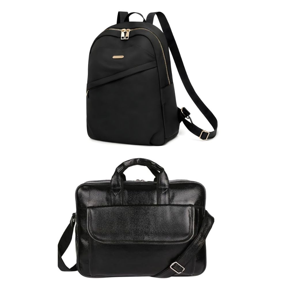 Backpack & Laptop Bag Combo Set for Men & Women – Black Stylish Backpack & Office Laptop Bag | Waterproof Faux Leather College, Work & Travel Bags | Spacious Multi-Compartment Design-image-28