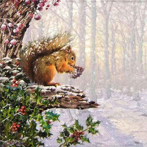 Set of 2 Individual Decoupage Paper Party Napkin Christmas Squirrel Forest Winter Watercolor Decor Luncheon Napkins for a Birthday Holiday, Wedding, Cocktail Party