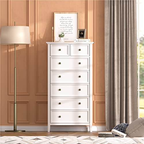 Ikeno White 7 Drawer Tall Dresser, Solid Wood Large Storage Cabinet, Modern Simple White Tall Chest Of Drawer For Bedroom Living Room Hallway Entryway (White) #TOP2