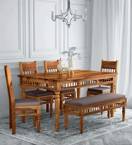Image of BN Furniture Solid Sheesham Wood Traditional Dining Table Set of 6 Seater with Cushioned Chairs & Bench | Wooden Dining Table Set for Dining Room, Home, Hotel & Restaurant | Honey Finish