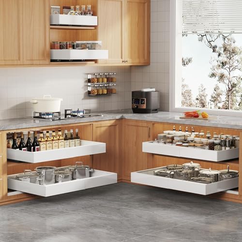 2 Pack Expandable Pull Out Cabinet Organizer 21"Deep With Raising Pad for Framed Cabinets,Upgrade 3 Slide Rails Slide Out Drawers,Roll Out Shelves Adhesive,Adjustable Width 15.15"-26.3" White