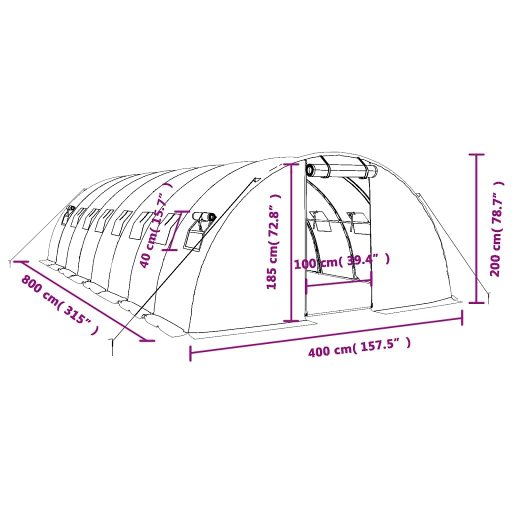Szklarnia ze stalową ramą, zielona, 32 m², 8 x 4 x 2 m, szklarnia jako domek ogrodowy i domek dla roślin do domku na pomidory, tunel foliowy, do uprawy, ochrony roślin, zimowania w ogrodzie