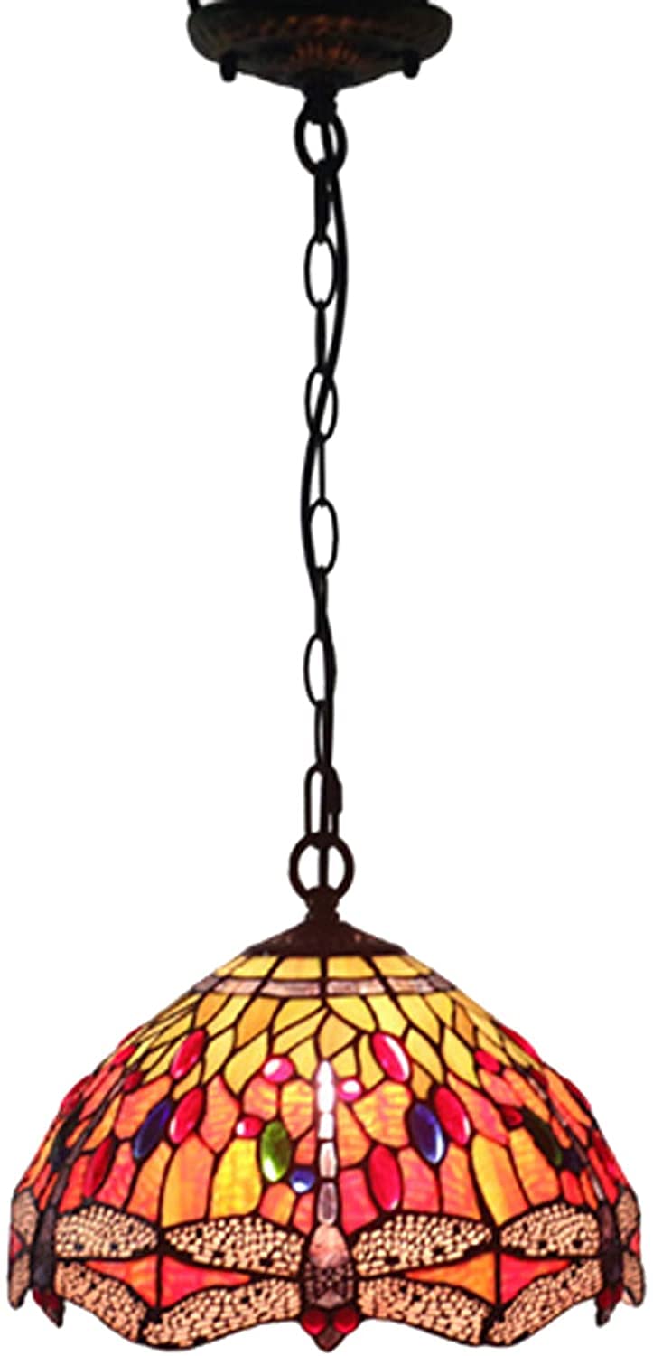 HJRegaFimu Dragonfly Pendant Light Handmade Vintage Stained Glass Ceiling Lamp Chandelier For Dining Room Balcony E27 30cm (e)