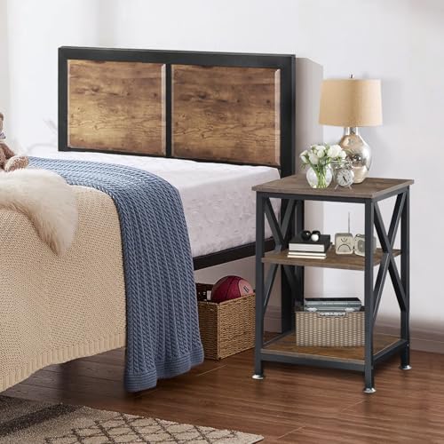 End Tables Living Room Set of 2 Farmhouse, Side Table with Storage Shelf, 16" W x 12" D x 24" H, X-Shaped Night Stands for Bedrooms, Espresso Side Table, End Tables Wood and Metal
