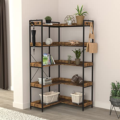 Heodmaem 5 Tier Corner Bookshelf, Modern Industrial Corner Bookcase For Bedroom And Office, Wood And Metal Tall Book Shelf, Heavy Duty Shelves For Open Storage, Rustic Brown #TOP1