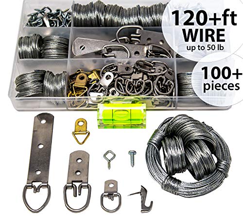 Picture Wire Hanging Kit 100+ Pieces - D-Ring, Screws, Hanging Hooks,Level. Supports up
