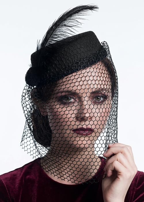Struts Lizzie Borden Style Gothic Black Widow Victorian Hat with Net, Halloween Fancy Dress
