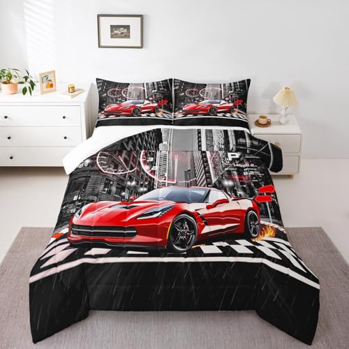 Image of Feelyou Red Race car Comforter Set for Girls Boys Racing Car Comforter Speed Sports Car Bedding Set Room Decor Extreme Sports Duvet Set Automobile Full Size Quilt 3Pcs Boys