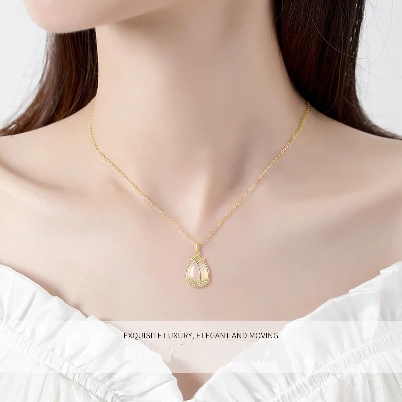 Sterling Silver White Chalcedony Tulip Flower with Little Crystals Pendant Necklace2