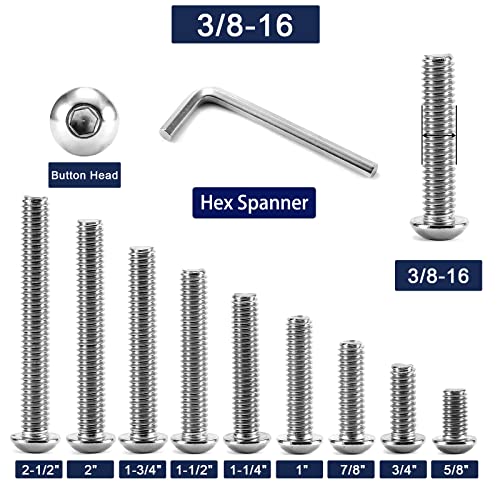 Image of 3 /8-16 x 2 inch Button Head Socket Cap Bolts Screws, 10Pcs 304 Stainless Steel 18-8, Allen Hex Drive, Bright Finish by SG TZH(with Hex Spanner)