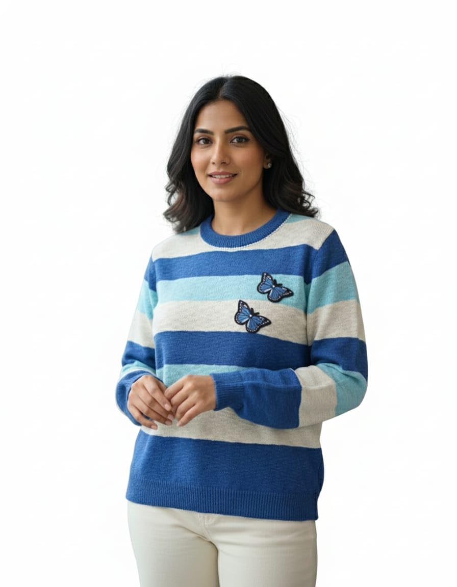 Girls’/Ladies/Women 100% Cotton Striped Sweater with Butterfly Patch | Full Sleeve Winter Knit Pullover, Winter, Spring, Casual, Office wear-image-19