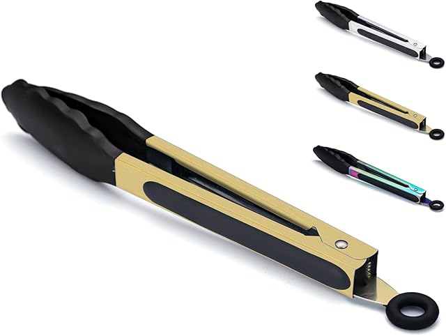 Kitchen Tongs for Cooking Grill & BBQ, Kyraton Stainless Steel 9" Cooking Tongs Heat Resistant Handle Non-Slip, Kitchen Tongs with Silicon Tips for Salad,Ice,Fry, Serving,Oven. (Gold)