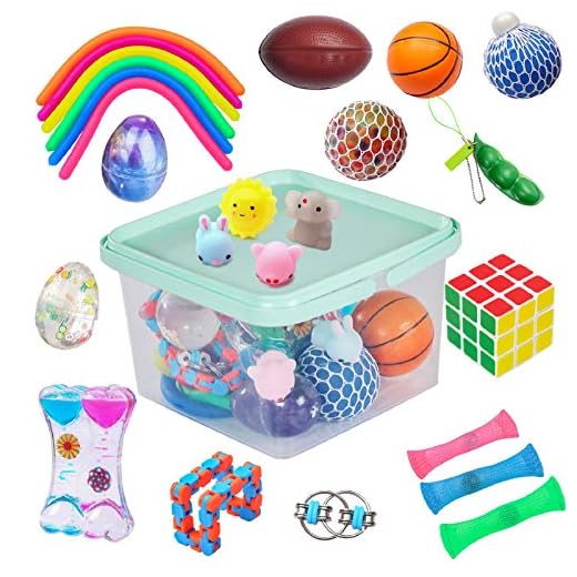 KINGYAO 24 Pack Bundle Sensory Fidget Toys Set-Liquid Motion Timer/Grape Ball/Mochi Squishy/Stretchy String/Flippy Chain/Easter Egg/Marble Mesh/Squeeze Bean/Cube for Autistic Kids ADHD Anti-stress Toy