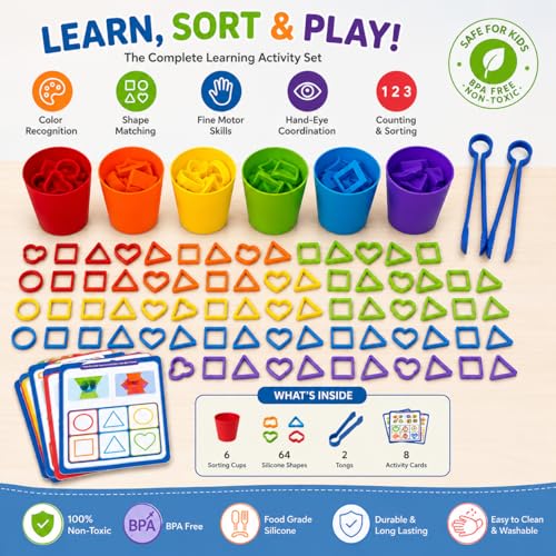 Image of Silicone Rainbow Shape Sorting Game for Kids, Montessori Learning Toy, Color & Shape Matching, Counting, Sequencing, Fine Motor Skills Activity, Preschool Gift For Kids Girls, Ages 3-6