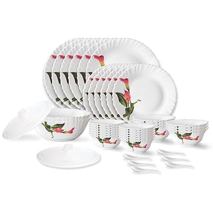 Larah by Borosil Stargazer Fluted Series Opalware Dinner Set | 40 Pieces for Family of 6 | Microwave & Dishwasher Safe | Bone-Ash Free | Crockery Set for Dining & Gifting | Plates & Bowls | White