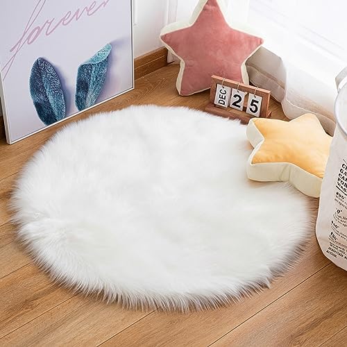 Pauwer Rund Faux Lammfell Schaffell Teppich, Flauschiger Longhair Kunstfellteppich Bettvorleger Waschbar Weich Fellteppich für Schlafzimmer, Wohnzimmer, Kinderzimmer Deko, Weiß, Ø 90cm