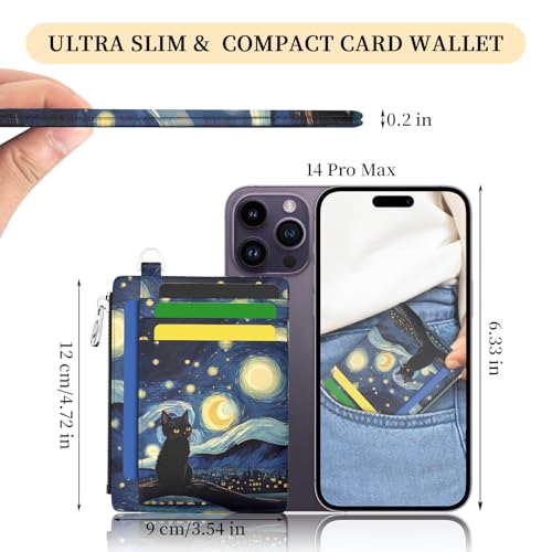 Image of Hancynir Slim Wallet Women Credit Card Holder Black Cat Starry Night RFID Small Mini Card Case Front Pocket PU Leather Thin Travel Zipper Coin Cash ID Window Girls Wallet Gifts