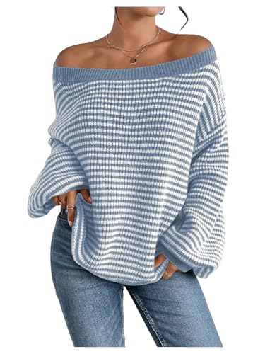 Image of SOLY HUX Women's Off The Shoulder Striped Sweaters Oversized Long Sleeve Knit Pullover Tops