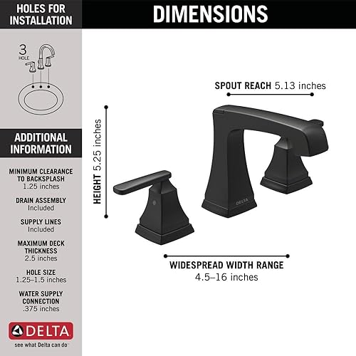 Miniatura 4 de Delta Ashlyn 3564-BLMPU-DST - Grifo de baño negro mate de 3 agujeros, 8 pulgadas para tocador, montaje de drenaje de metal Push-Pop, negro mate