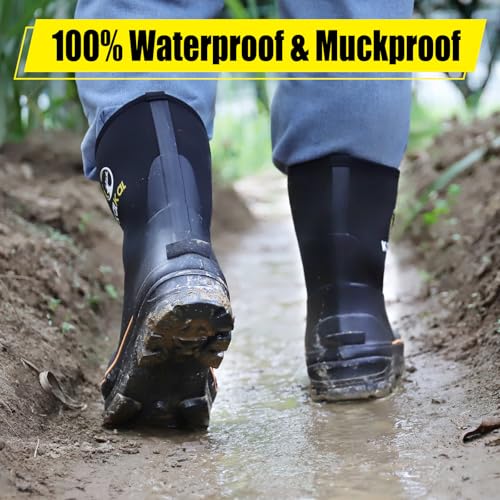 Image of Kalkal Rubber Boots for Men, 6mm Neoprene Insulated Rain Boots with Steel Shank, Waterproof Mid Calf Rubber Work Boots For Mud Gardening Farming Fishing Hunting Working, Size 7-14