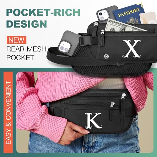 Image of Travel Money Belt, Personalized Initials Passport Holder with Anti Theft RFID Protection, Slim Travel Wallet for Women & Men, Travel Fanny Pack for Travel Essentials-Letter M, Black