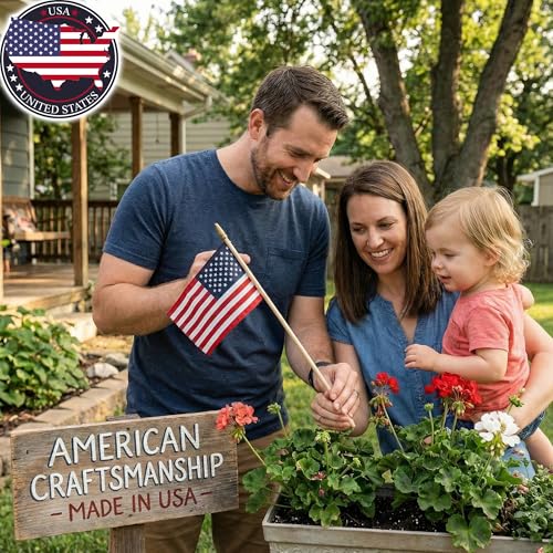 Super Tough American Flag | 0.67x1 FT Outdoor USA Flag | 24" Durable Wooden Stick with Spear Tip & Embroidered Stars | 8x12 in Heavy Duty Most Durable Cotton US Stick Flag | Made in USA | 12 Pack