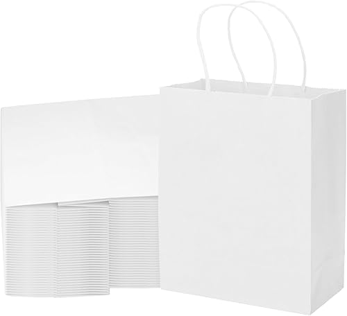 MOZRRO Bolsas de regalo, paquete de 100 unidades de 10.5 x 8.5 x 4.5 pulgadas, bolsas de papel con asas, tamaño mediano, bolsa de regalo blanca para
