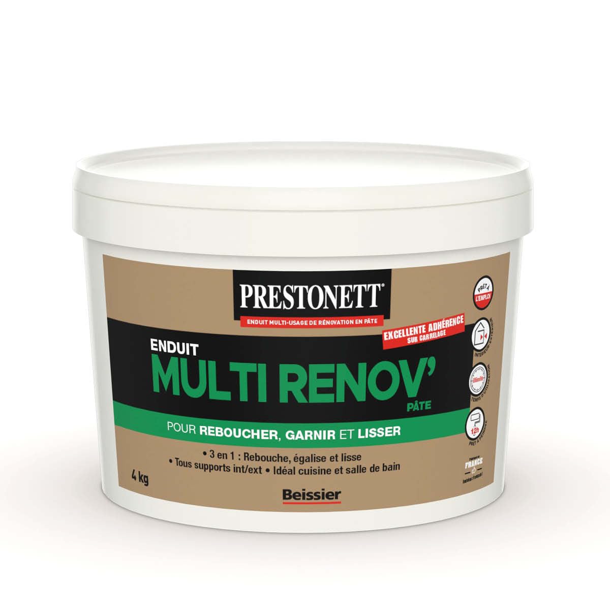 Enduit Lissage et Rebouchage 3 en 1 PRESTONETT MULTI RENOV en Pot 4 KG en Pâte pour Intérieur et Extérieur