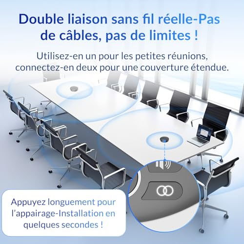 Haut-Parleur de conférence Bluetooth, 4 micros AI Capture vocale 360°, réduction du Bruit, Batterie 2600mAh, USB-C/Dongle, Daisy Chain pour Grandes salles, Compatible avec Zoom/Teams/Skype – Image 6