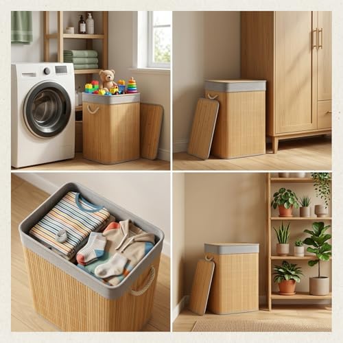 Image of Kura by Ekhasa Laundry Basket with Lid 60L, Bamboo Laundry Basket for Clothes, Foldable Laundry Hamper Basket with Removable Laundry Bag for Bedroom Bathroom Clothes Storage
