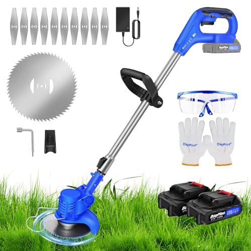 Cordless String Trimmer, 21V Strimmer Lawn Edger, Metal Blade Grass Trimmer Electric Telescopic Brush Cutter Lightweight Weed Hedge Trimmer Edge Trimmer for Clearing Weeds Flower Trees, w/ 2x Battery