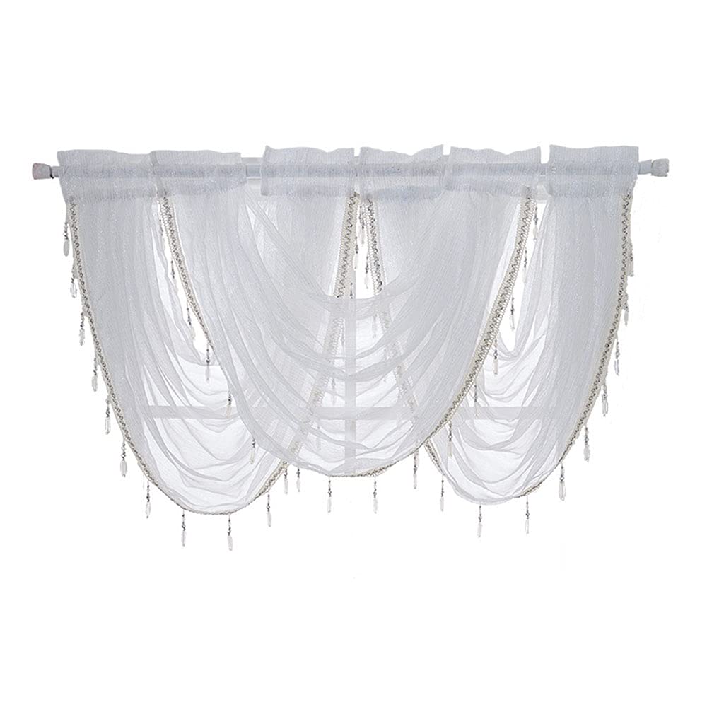3 Panels White Solid Waterfall Valance Window Curtain Linen Texture Rod Pocket with Tassel Accessories for Living and Bedroom Curtain 145 x 94cm