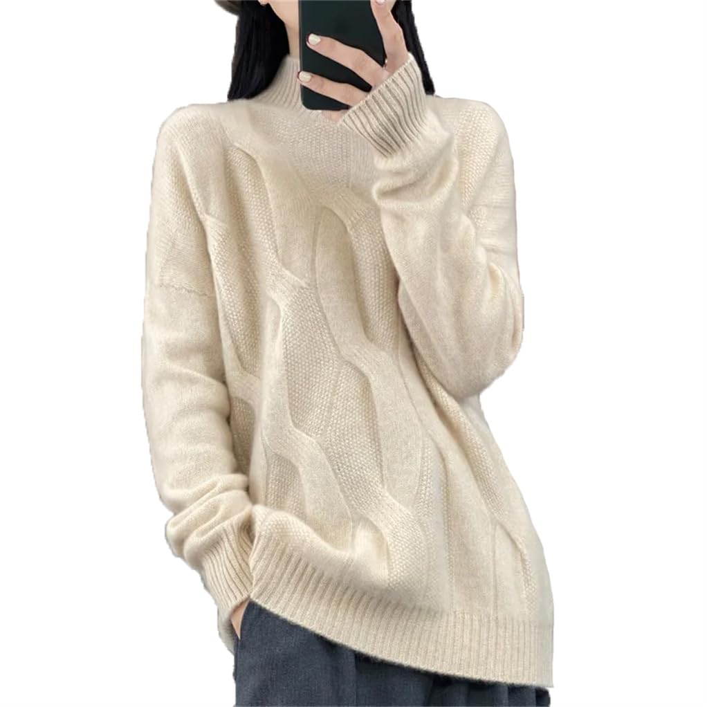 Suéter de lana de punto para mujer, cuello medio alto, suéter cálido y grande