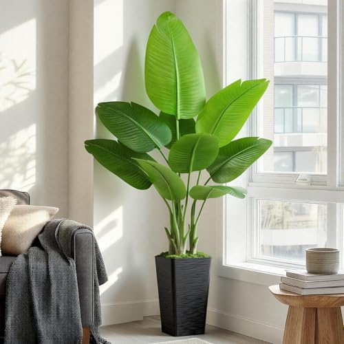 Image of Lifelike Bird of Paradise Artificial Plant 5ft Faux Banana Leaf TRE with Black Tall Wavy-Textured Planter for Home Decor- perect Indoor Silk Floor Plant for Living Room Office Ambianc Enhancement