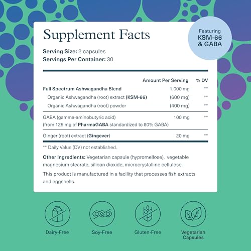 Youtheory Ashwagandha + GABA - 1,000 mg Ashwagandha & 100 mg GABA - Cortisol, Stress & Memory Support Supplement - 60 Vegetarian Capsules