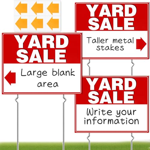 Remiawy Yard Sale Signs 3 Pack Yard Signs with Metal Stakes 17x13 Inch Double Sided Large Garage Sale Kit with Directional Arrows Stickers Weatherproof Corrugated Plastic for Event