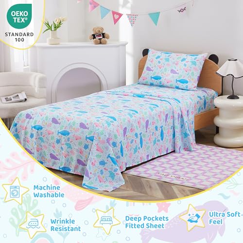 Image of Viviland 3 Pieces Girls Blue Marine Twin Sheet Set - Soft Microfiber Fitted Flat Sheets & Pillowcase Bed Sheet Set - Colorful Marine Animals Print Bedding Sets for Kids