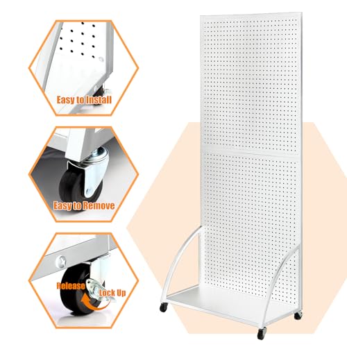 Eastern Tree 2.5'x 6' Metal Pegboard Display Stand with Base Plate, Standing Pegboard Display with Wheels, Peg Board Display Rack, Art Peg Board Panels Display Stand, Extra 20 pieces Hooks - White